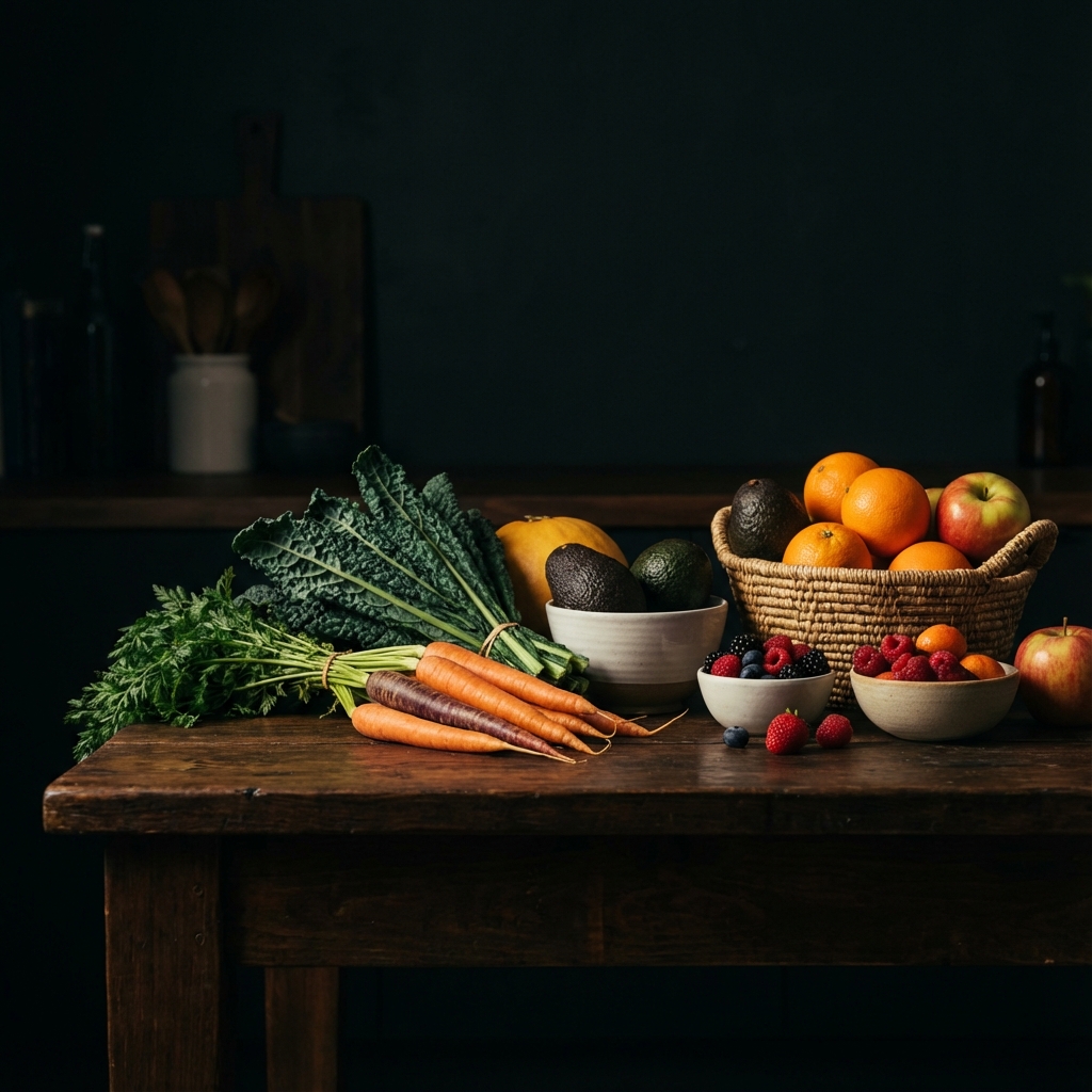 Fresh organic healthy food arrangement, vegetables and fruits, dark background, cinematic lighting, vibrant colors, minimalist, wellness concept, no people, no woman
